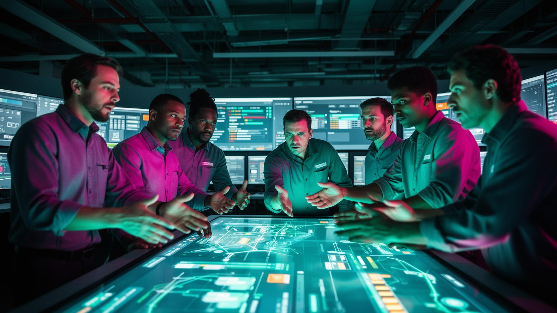 Equipo de ingeniería operativa colaborando frente a una pantalla interactiva