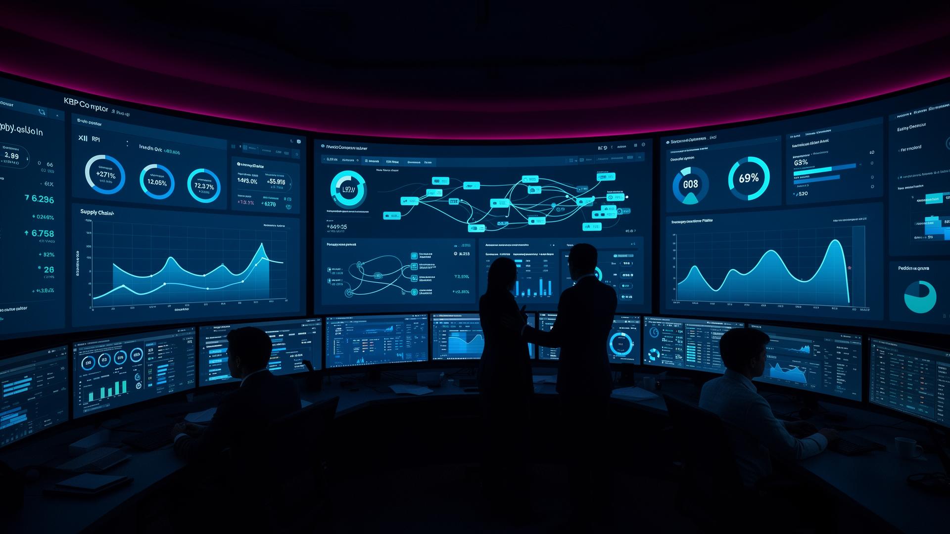 Sala de control corporativa con dashboards de ERP, finanzas y cadena de suministro